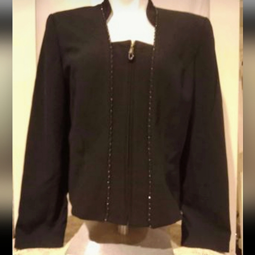 Lauren Taylor - Black Zip Up, Embroidered Design Evening Jacket, Sz 12